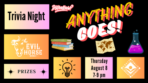 Trivia Night. Anything Goes. Thursday, August 8. 7:00 to 9:00 p.m. Prizes.