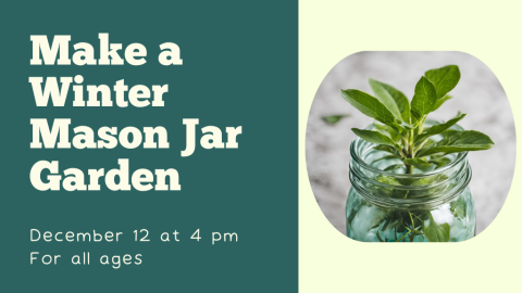 Make a Winter Mason Jar Garden. December 12 at 4 PM. For all ages.